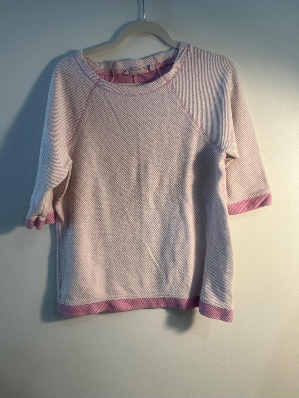 Soft Surroundings Pink Textured Short Sleeve Sweater with Rose Trim